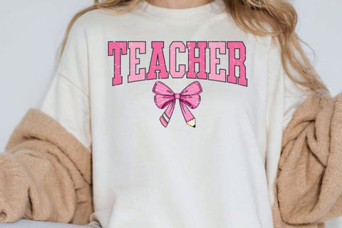 Teacher Coquette Pink Pencil Bow Varsity Graphic